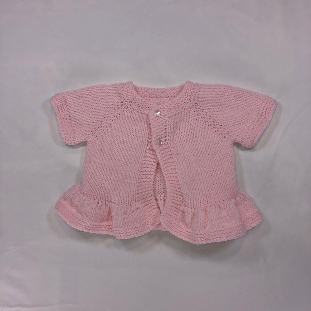 Handmade Pink Knit Baby Cardigan Short Sleeve Ruffle Hem Sweater 0-6M